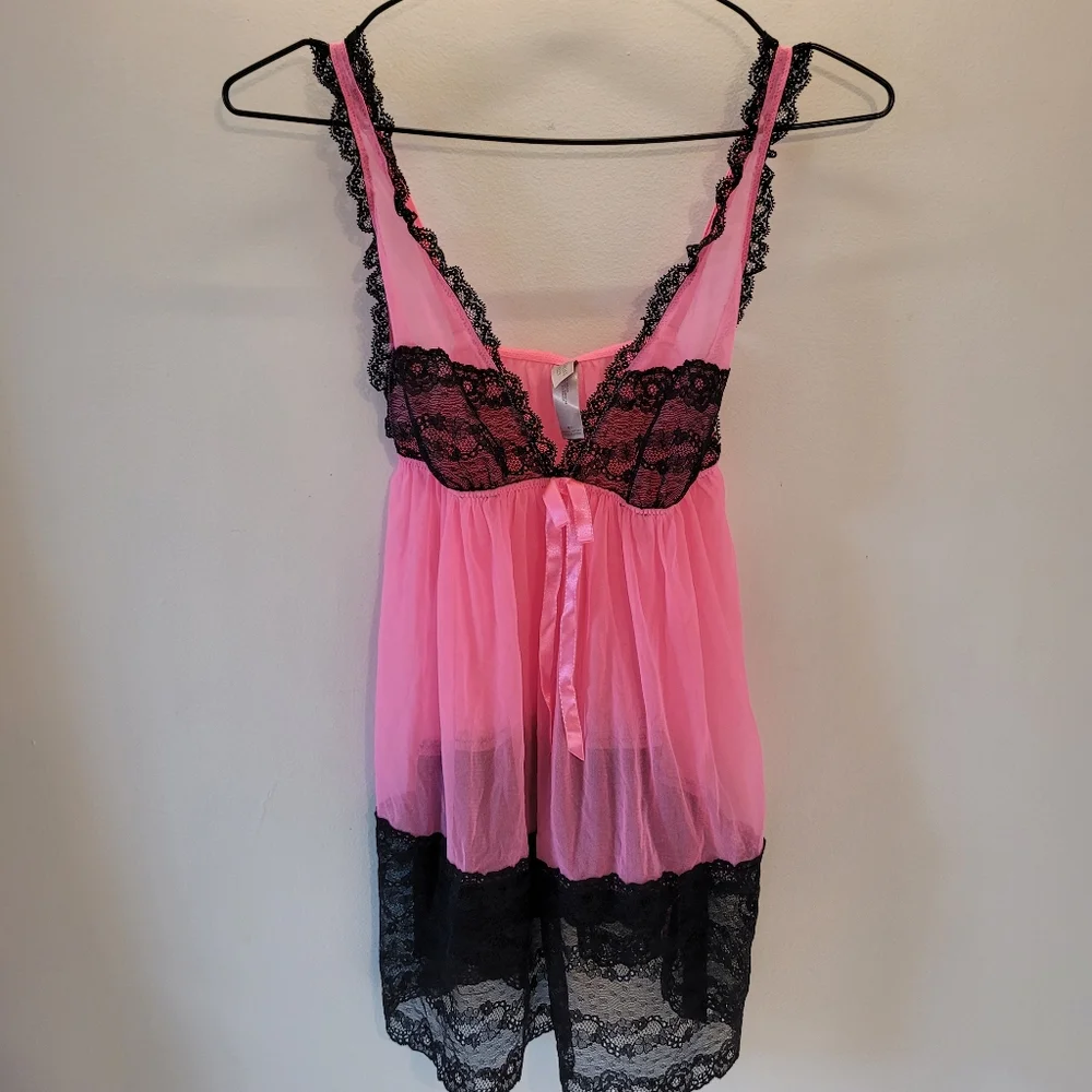 Victoria's Secret Pink and Black Lace Sheer Slip Dress Babydoll - S - Picture 1 of 6